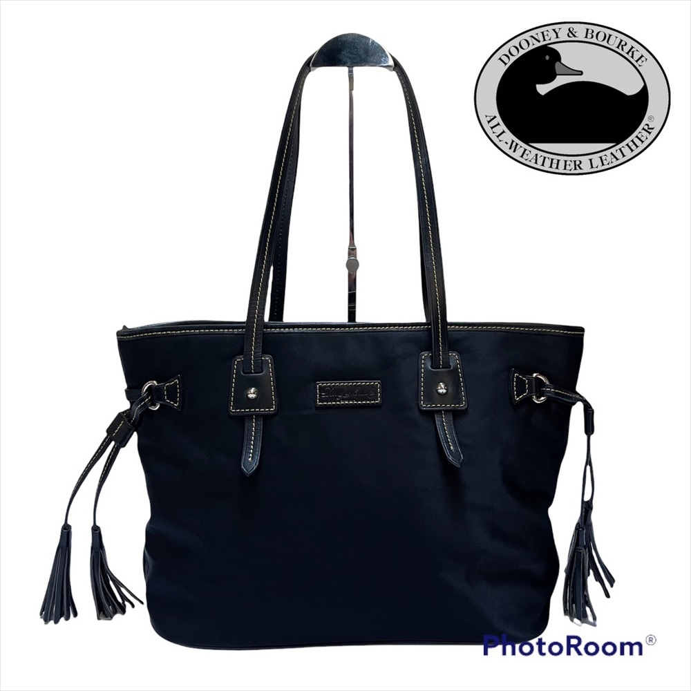DOONEY BOURKE BLACK CANVAS LEATHER TRIM TASSELED TOTE BAG